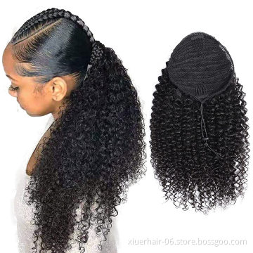 Natural Frontal Kinky Curly Yaki Ponytail Net Drawstring Brazilian Remi High Extension Human Hair Ponytail For Black Women